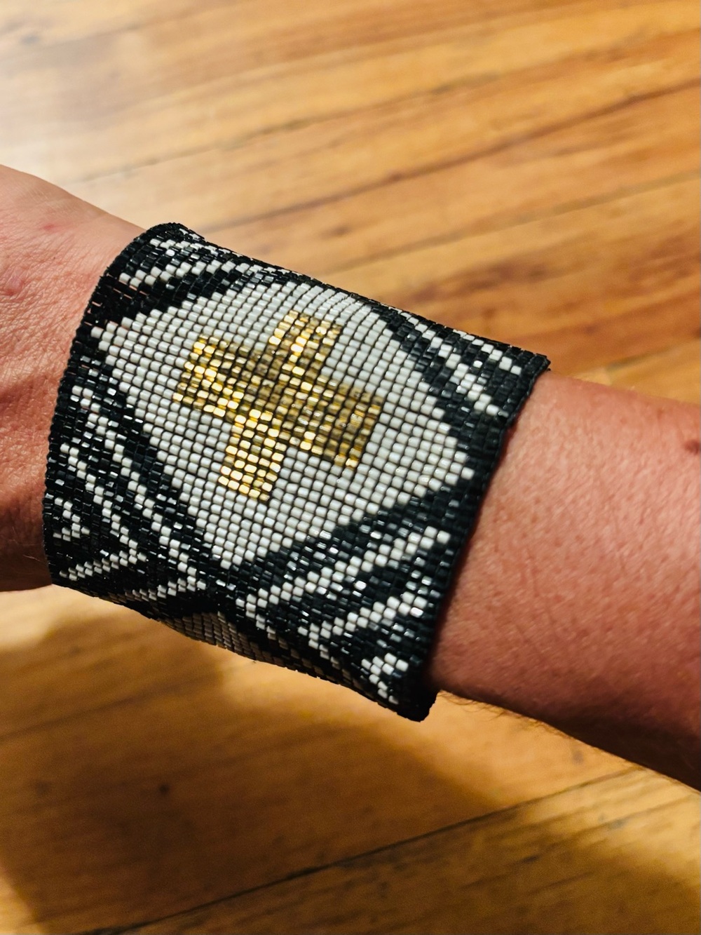 Beautiful Handmade Beaded Cuff Stretch Bracelet in black and gold by Ink + Alloy